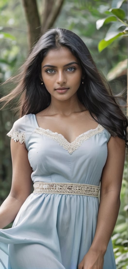 beautiful sri lankan women enjoying nature in village, very long jet black hair, no makeup, natural beauty, blue eyes, attractive, wearing old european white dress, inst4 style, aesthetic portrait,