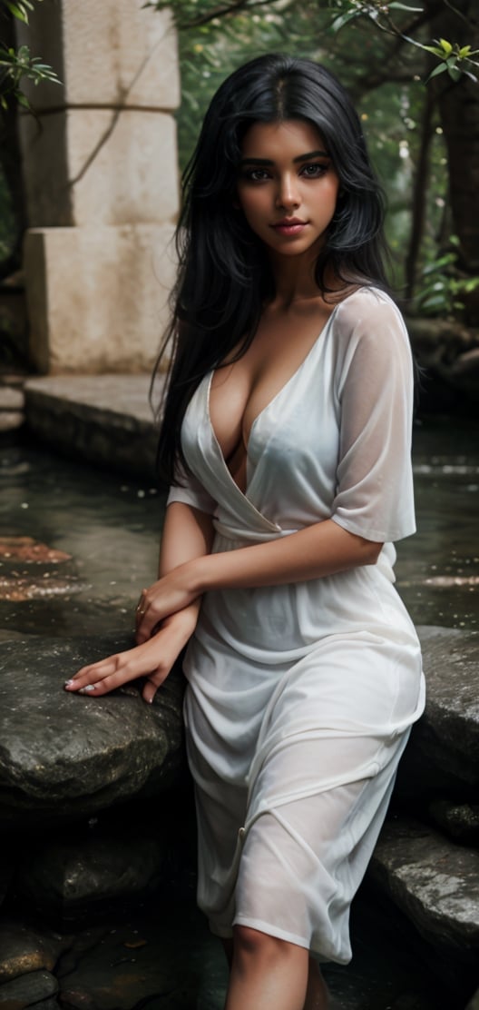 beautiful sri lankan women enjoying nature in village,  very long jet black hair,  no makeup,  natural beauty,  blue eyes,  large-sized breasts,  deep cleavage,  attractive,  wearing old European night white dress,  inst4 style,  aesthetic portrait, , , , , 
