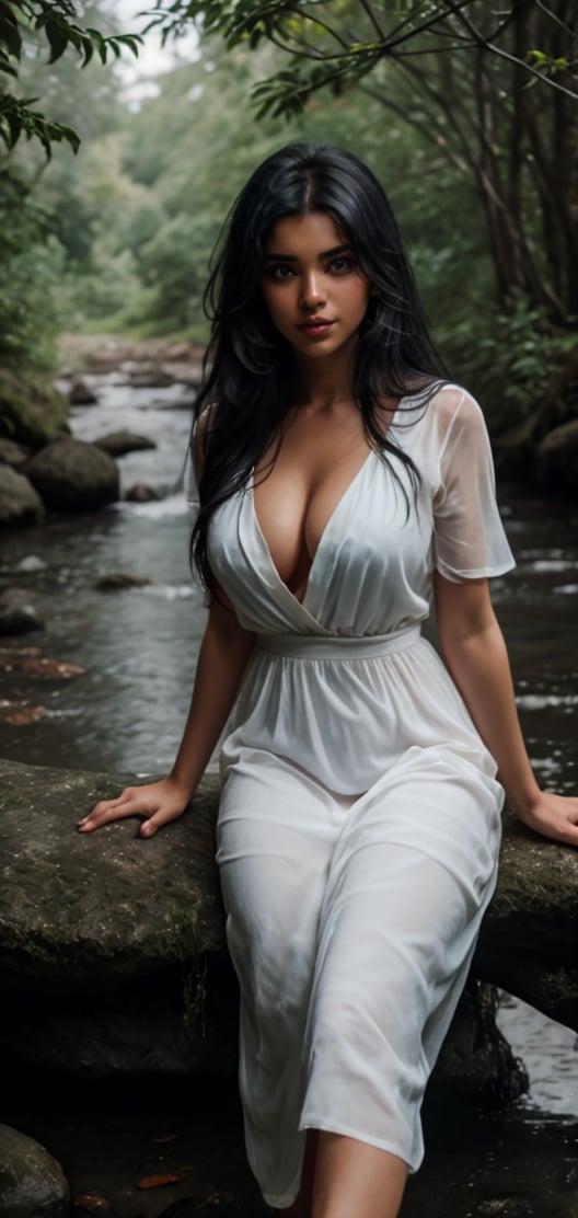 beautiful sri lankan women enjoying nature in village,  very long jet black hair,  no makeup,  natural beauty,  blue eyes,  large-sized breasts,  deep cleavage,  attractive,  wearing old European night white dress,  inst4 style,  aesthetic portrait, , , , , 
