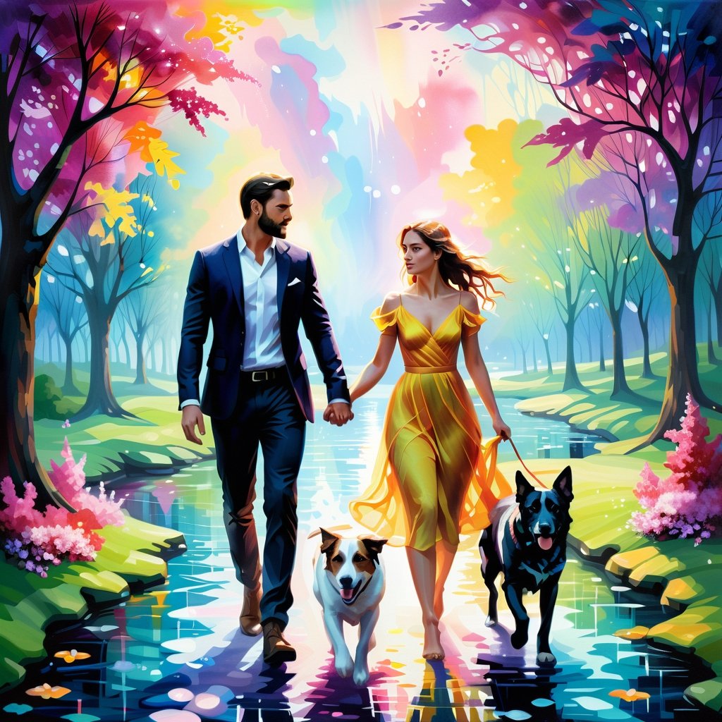 ethereal fantasy concept art of a (Couple walking in the park (looking to the camera), with a dog looking to the camera, bright colors:1.2) touching water surface, chaotic resonance, microdisplacement, watercore, bioluminescence, aetheric realm, chiaroscuro, symbolism, intricate details, style of (Leonid Afremov:1.1) and Anna Dittmann, magnificent, celestial, ethereal, painterly, epic, majestic, magical, fantasy art, cover art, dreamy