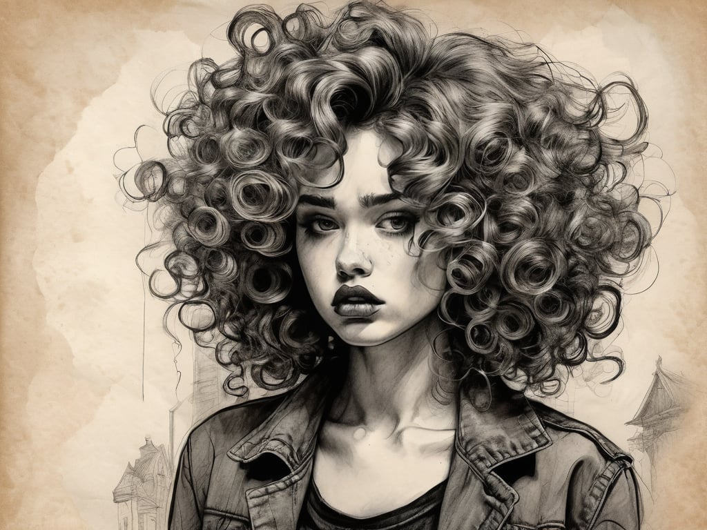 voluminous, curly locks, Haunting hue, Curiosity piqued, exaggerated, caricatured comic style, charcoal sketches on textured paper, coy, post apocalypse, crying, pouting, Stunningly Beautiful, hazy morning, coquettish, enters a room, Edgy fashionista