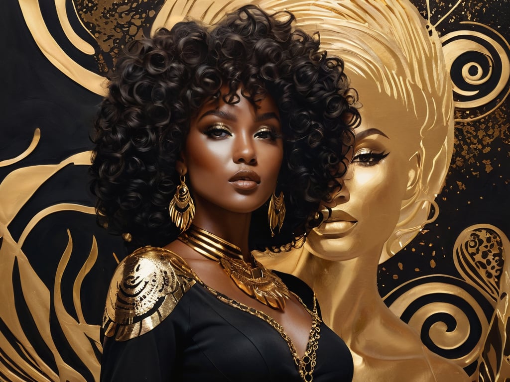 Splash art, acrylic painting, digital painting, young woman and black Panther, gold foil, curls, curls, golden light, shades of beige and brown, subtle details highlighted in black, Smoky ice makeup, ethno jewelry, boho style, safari outfit, fringe, abstract background in the style of Savannah, predatory prints, dynamics, wind, abstractionism, bright, detailed, contrasting.