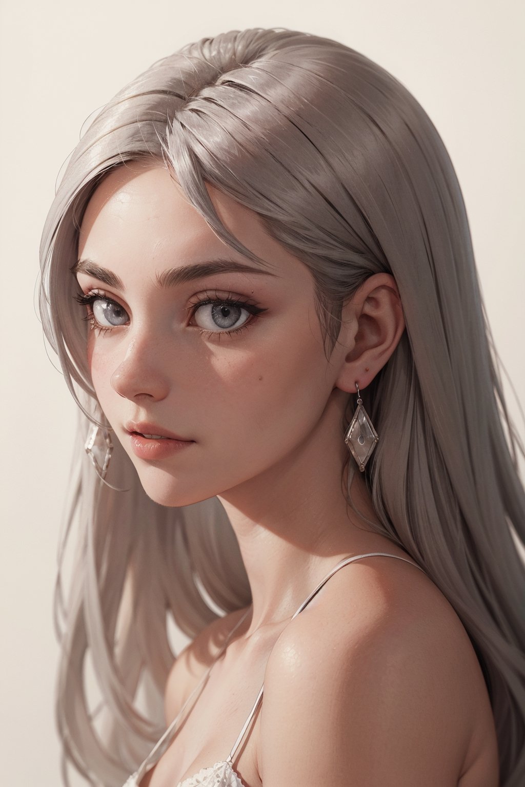 grey hair, long hair,  hope earrings, nosering,  vintage, Feminine, 8K, Masterpiece, Best Quality, great details) , (high saturation, best shadows, best light, Extremely delicate whitening) Dark Style