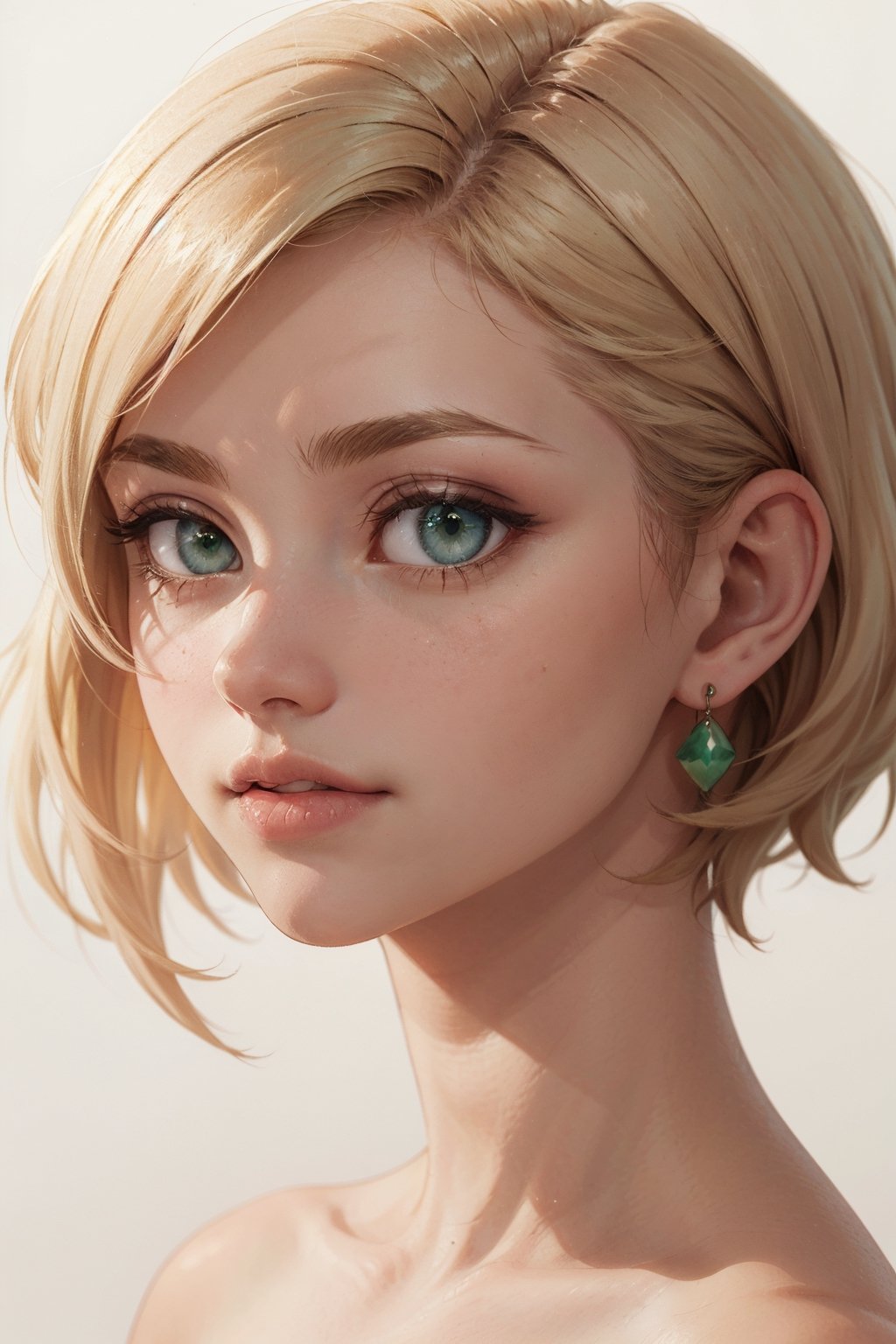 blonde hair, pixie hair, green eyes,  hope earrings, nosering,  vintage, Feminine, 8K, Masterpiece, Best Quality, great details) , (high saturation, best shadows, best light, Extremely delicate whitening) Dark Style