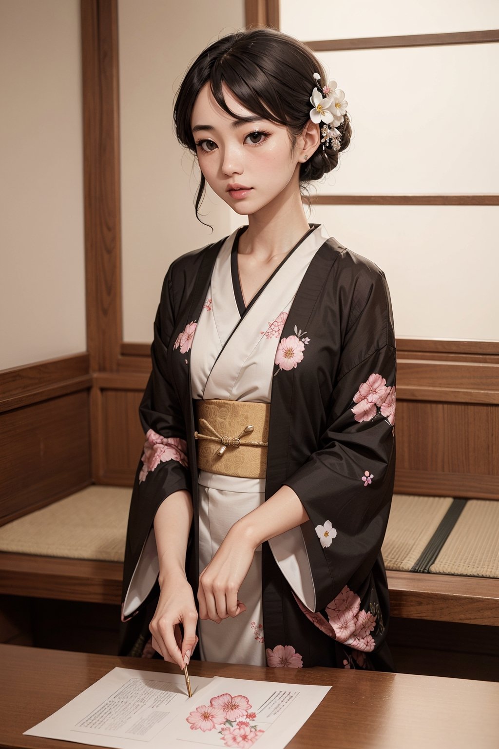 A captivating Japanese girl in a jet black kimono adorned with delicate white flowery prints, exuding timeless elegance and cultural grace.