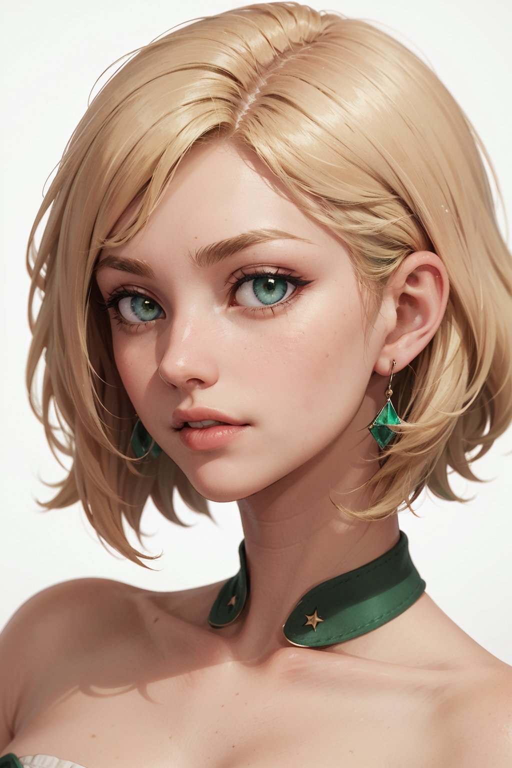 blonde hair, pixie hair, emerald green eyes,  hope earrings, nosering,  vintage, Feminine, 8K, Masterpiece, Best Quality, great details) , (high saturation, best shadows, best light, Extremely delicate whitening) Dark Style