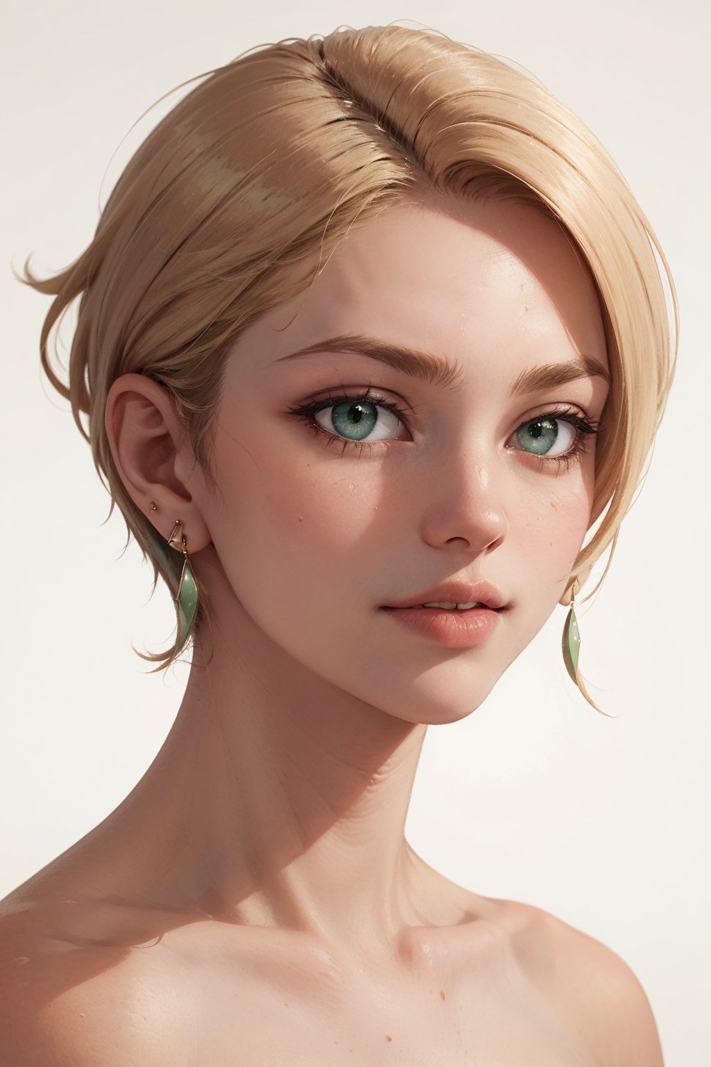 blonde hair, pixie hair, green eyes,  hope earrings, nosering,  vintage, Feminine, 8K, Masterpiece, Best Quality, great details) , (high saturation, best shadows, best light, Extremely delicate whitening) Dark Style