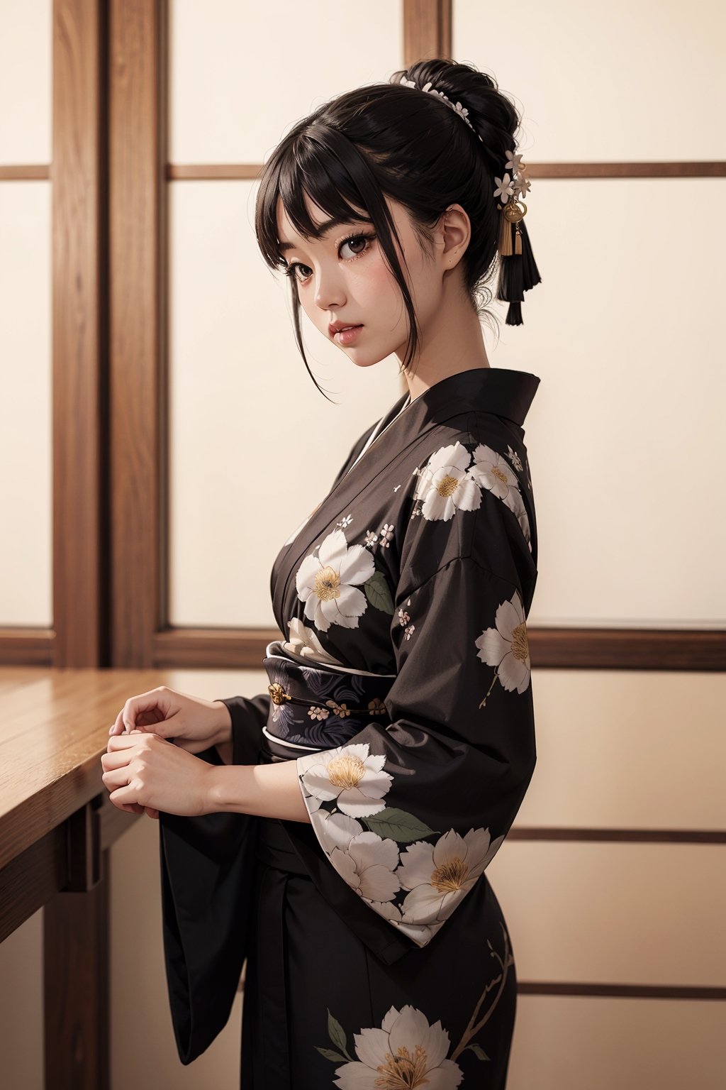 A captivating Japanese girl in a jet black kimono adorned with delicate white flowery prints, exuding timeless elegance and cultural grace.