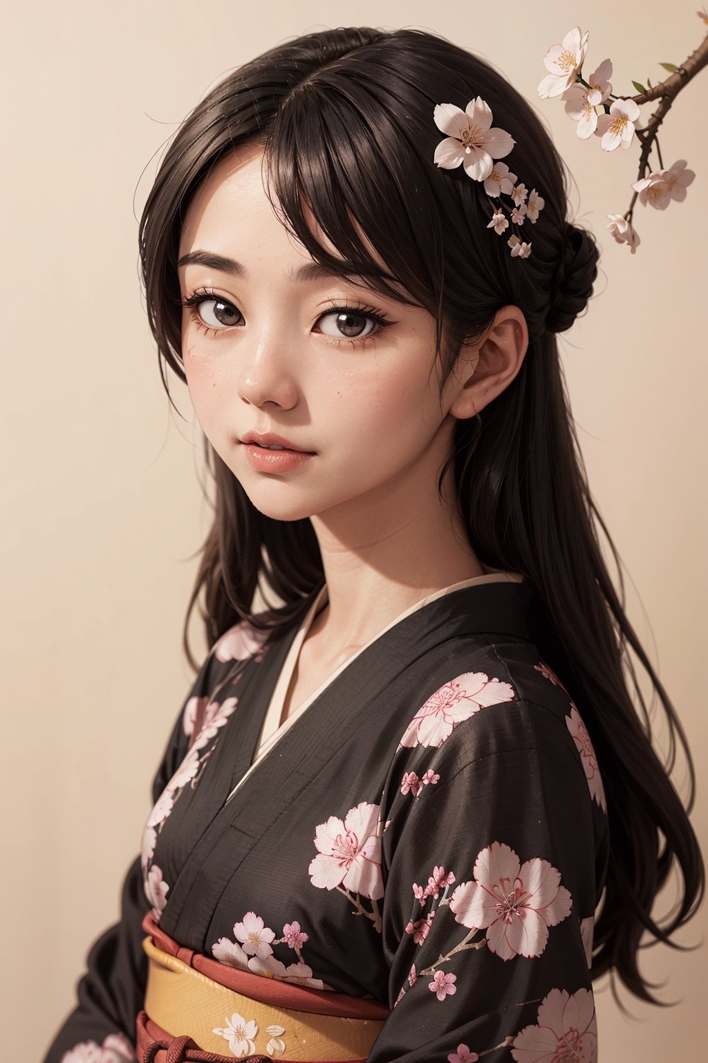 Head  portrait of A captivating Japanese girl in a jet black kimono adorned with delicate white flowery prints, exuding timeless elegance and cultural grace, cherry blossom ukiyo-e, focus on face
