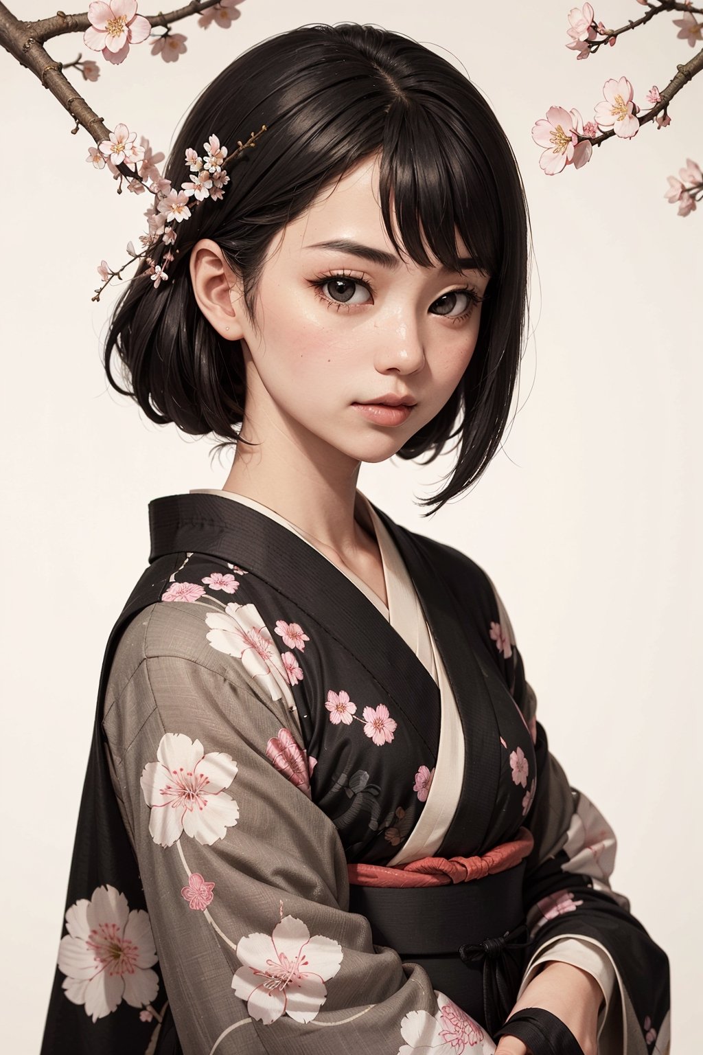 Head to toe portrait of A captivating Japanese girl in a jet black kimono adorned with delicate white flowery prints, exuding timeless elegance and cultural grace, cherry blossom ukiyo-e