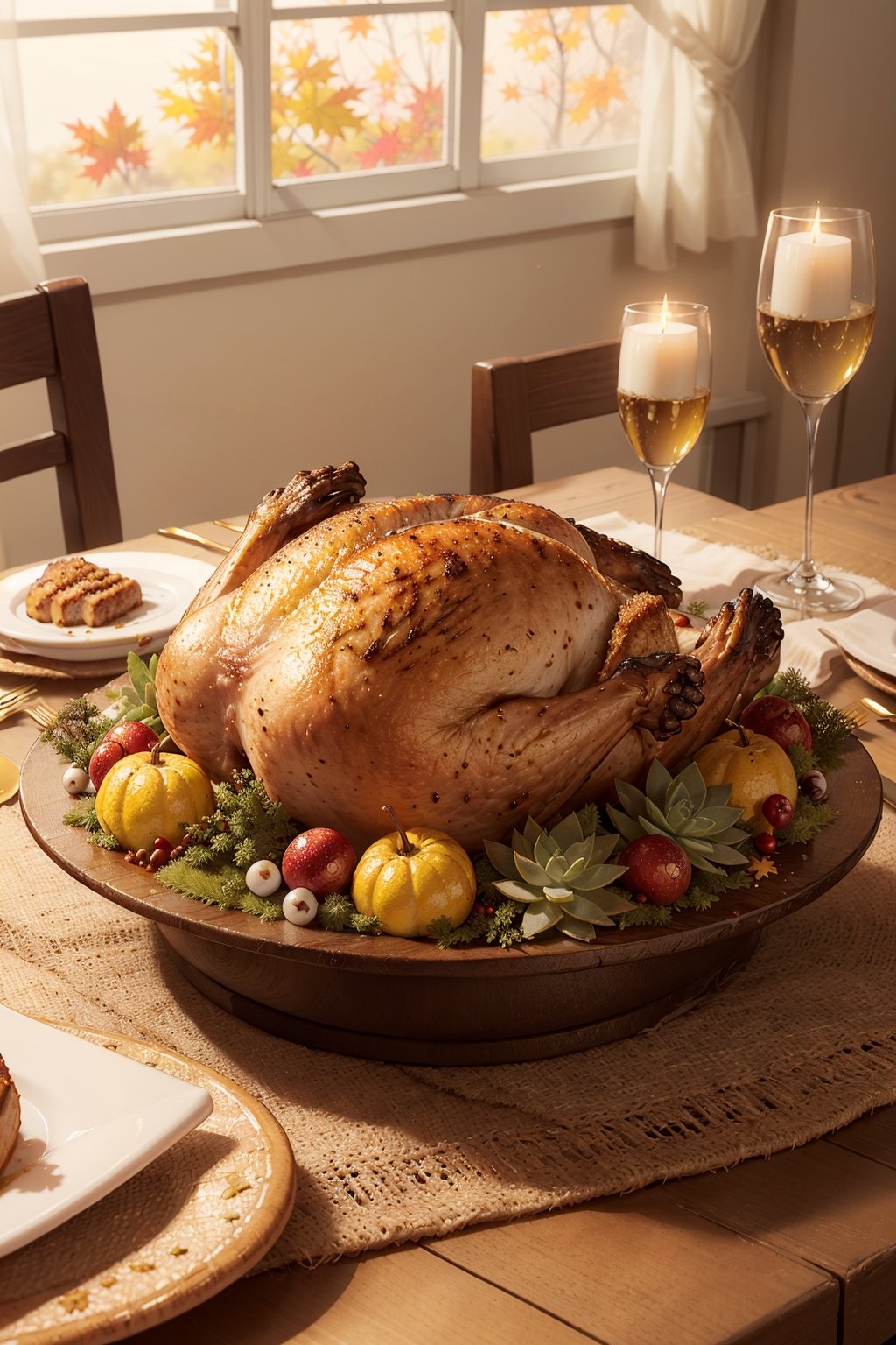 (prompt)
(masterpiece:1.4), (extremely detailed CG:1.4), (best quality:1.4), (illustration), sfw, pov, close up, (perfect lighting:1.3), Thanksgiving turkey, (juicy_roasted:1.2), (golden_brown:1.2), (mouthwatering:1.2), (succulent_meat:1.2), (crispy_skin:1.2), (traditional_feast:1.2), (festive_table:1.2), (bountiful_spread:1.1), (garnished_with_herbs:1.2), (autumn_decor:1.2), (family_gatherings:1.2), (grateful_celebration:1.3), (warm_ambience:1.2), (holiday_traditions:1.2), (aromatic_scent:1.2), (mouthwatering_delight:1.2), (celebration_of_abundance:1.3)