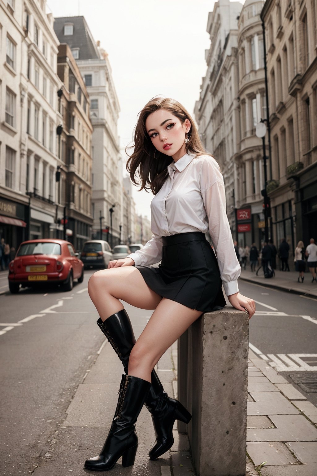 dynamic angle, dynamic shot, perfect face, absolutely beautiful young woman, 1960's, London, gogo boots, mini skirt