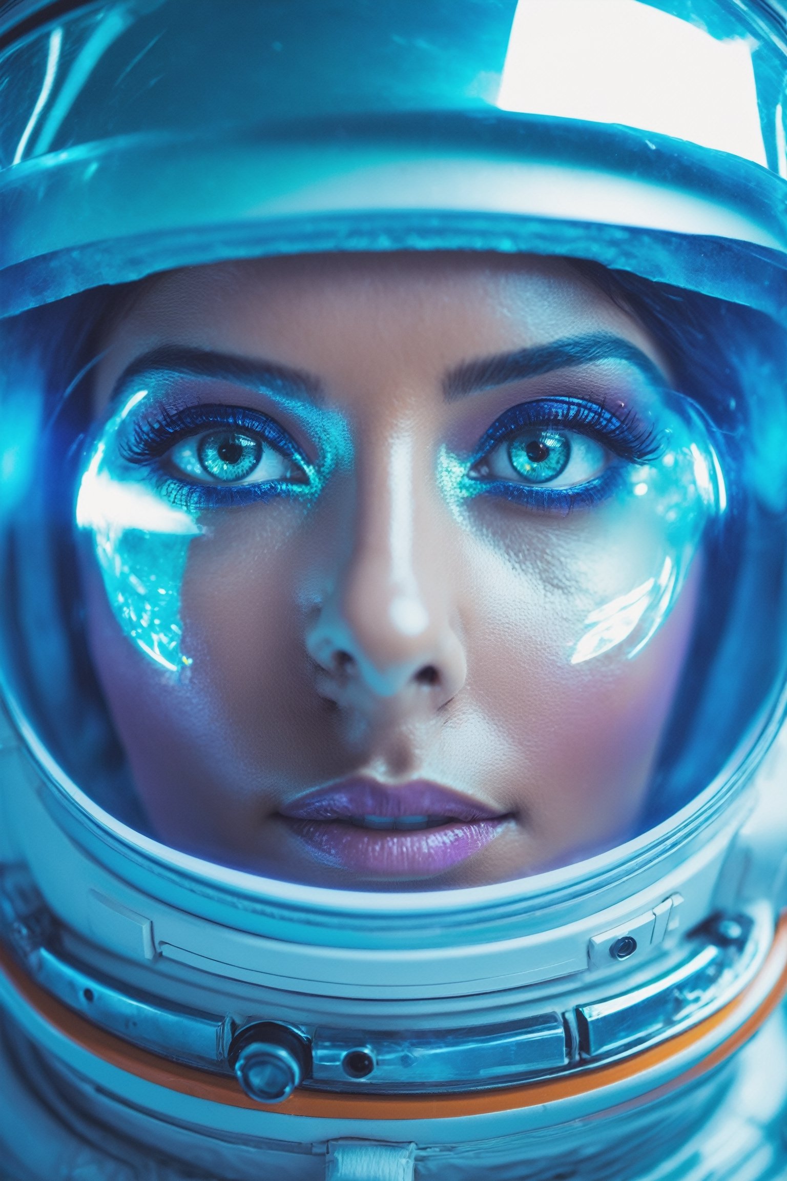 sci-fi style futuristic astronaut woman closeup portrait, detailed eyes, vibrant colours, glass reflections, dry skin, fuzzy skin, lens flare, futuristic, technological, alien worlds, space themes, advanced civilizations).