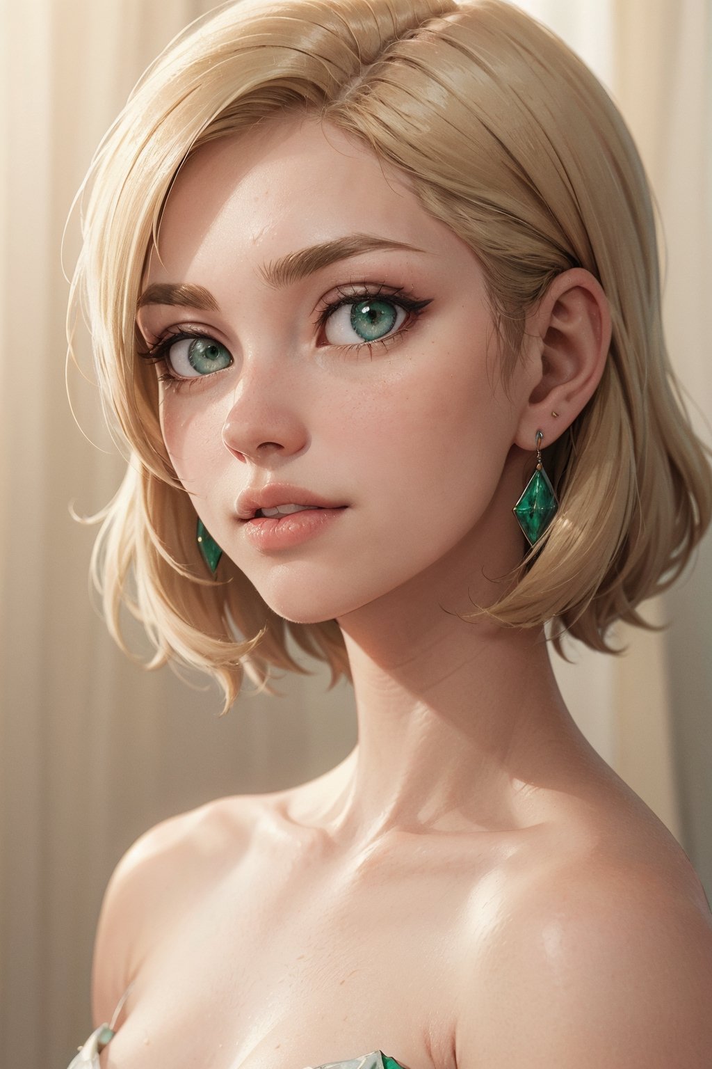 blonde hair, pixie hair, emerald green eyes,  hope earrings, nosering,  vintage, Feminine, 8K, Masterpiece, Best Quality, great details) , (high saturation, best shadows, best light, Extremely delicate whitening) Dark Style