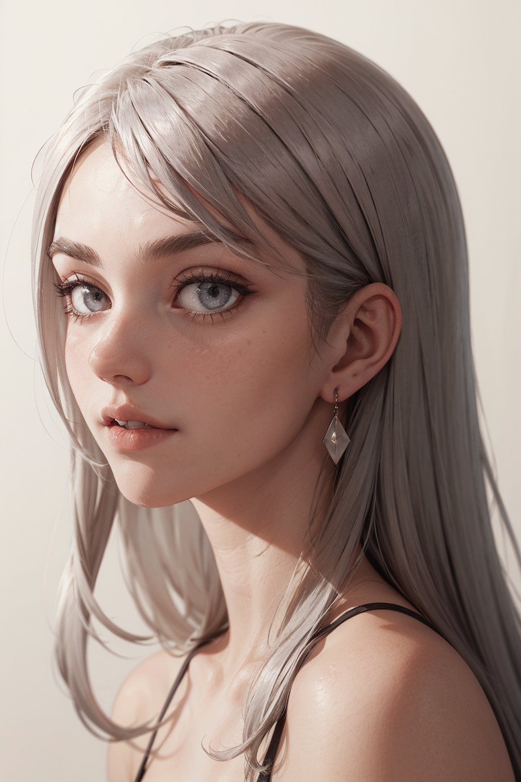 grey hair, long hair,  hope earrings, nosering,  vintage, Feminine, 8K, Masterpiece, Best Quality, great details) , (high saturation, best shadows, best light, Extremely delicate whitening) Dark Style