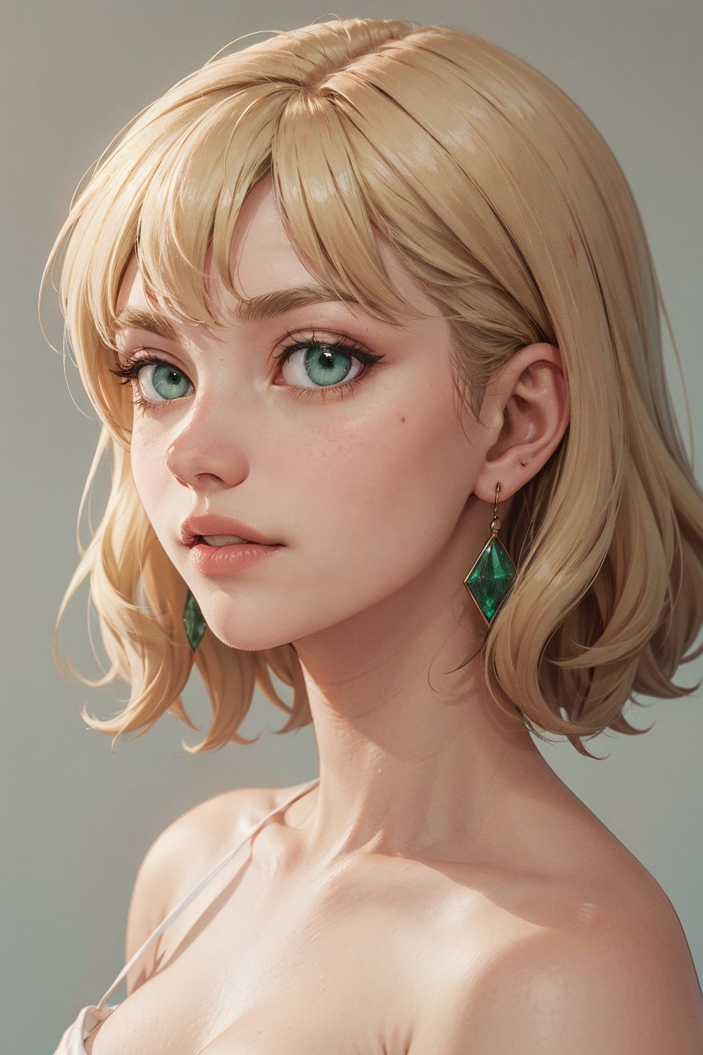 blonde hair, pixie hair, emerald green eyes,  hope earrings, nosering,  vintage, Feminine, 8K, Masterpiece, Best Quality, great details) , (high saturation, best shadows, best light, Extremely delicate whitening) Dark Style