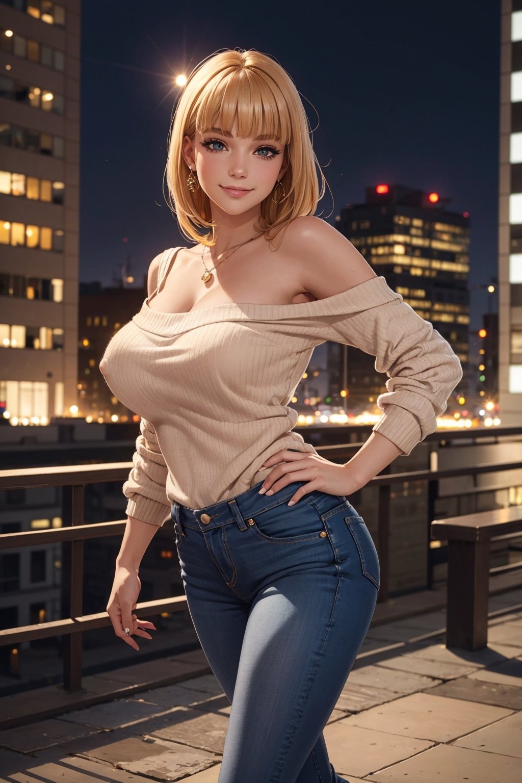 evening, graceful photo of a girl in jeans, sweater, stilettos,  (puffy eyes:1.05), straight strawberry blonde hair, (long:1.4), blunt bangs, smile slightly, happy, happiness, high detailed skin, skin pores, stunning innocent symmetry face, long eyelashes, black eyeliner, black eyeshadow,(standing), emotional, city, masterpiece, best quality, photorealistic,  massive breasts,Looking over the shoulder pose, nipple_slip

