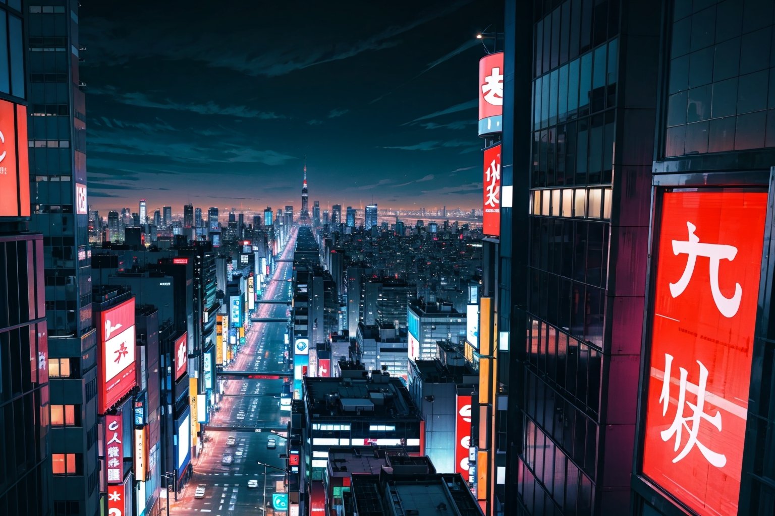 tokyo at night from shibuya skyrise, looking down at the street below