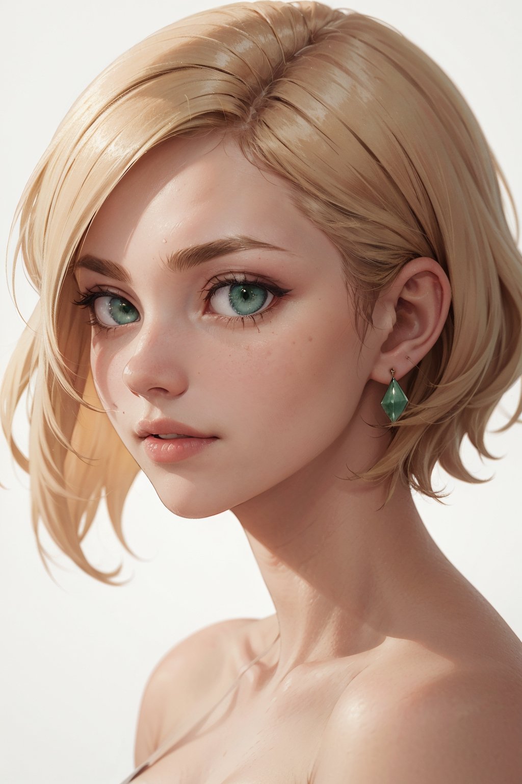 blonde hair, pixie hair, green eyes,  hope earrings, nosering,  vintage, Feminine, 8K, Masterpiece, Best Quality, great details) , (high saturation, best shadows, best light, Extremely delicate whitening) Dark Style