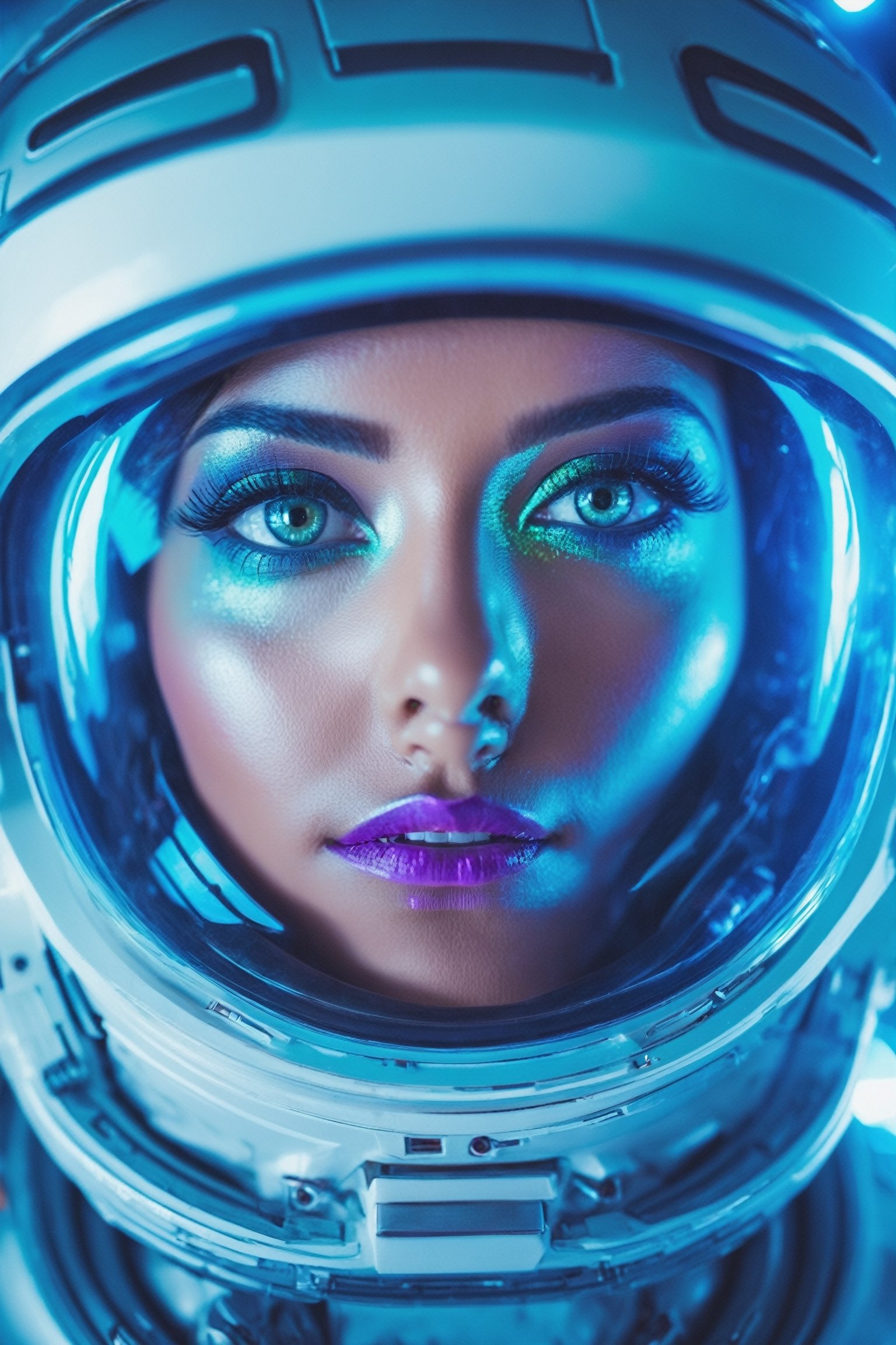 sci-fi style futuristic astronaut woman closeup portrait, detailed eyes, vibrant colours, glass reflections, dry skin, fuzzy skin, lens flare, futuristic, technological, alien worlds, space themes, advanced civilizations).