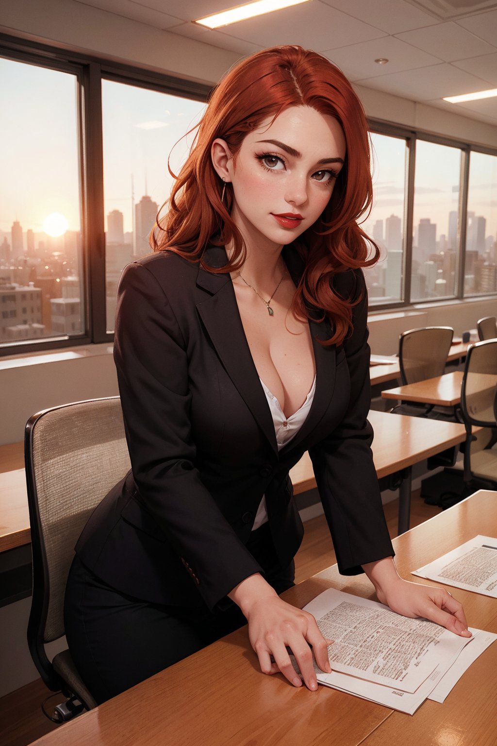 photorealistic, masterpiece, high resolution, beautiful red-headed Latina woman, long flowing curly red hair, piercing brown eyes, reading news, sitting behind a sleek modern desk, professional suit, tailored with a hint of cleavage, vibrant red lipstick, confident smile, newsroom environment, bustling with activity, computer monitors, news ticker, microphone, camera, sophisticated studio lighting, polished wooden desk, stylish modern office, panoramic city view through floor-to-ceiling windows, bustling cityscape, sunset sky, warm colors, professional demeanor, focused, composed, authoritative, commanding presence, dynamic angle, looking directly at the camera.