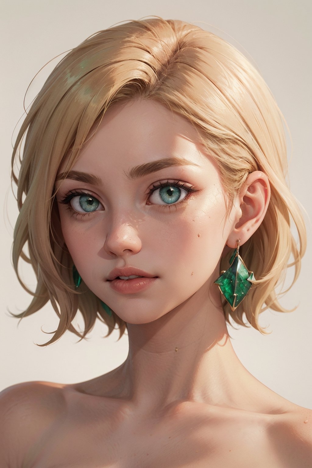 blonde hair, pixie hair, emerald green eyes,  hope earrings, nosering,  vintage, Feminine, 8K, Masterpiece, Best Quality, great details) , (high saturation, best shadows, best light, Extremely delicate whitening) Dark Style