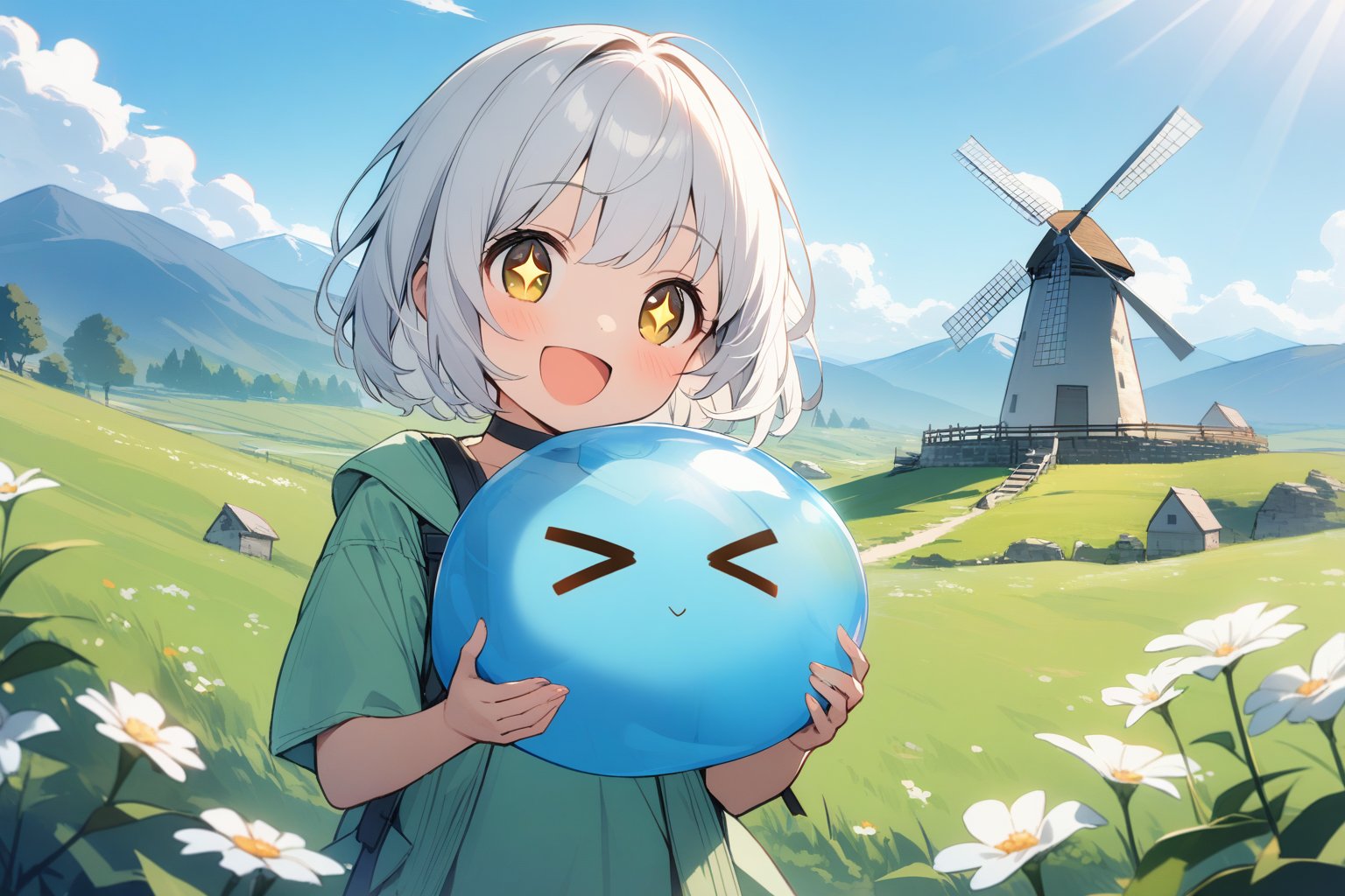 1 little girl, solo, upper body, diagonal angle,
white hair, short hair, yellow eyes, +_+, open mouth, smile, cheerful, 
choker, light mountaineering clothe, 
summer, highland, distant mountains, green meadows, blue sky, sunlight, clear weather, 
Windmill, little white flowers,
holding a slime, >_<,
masterpiece, best quality, 