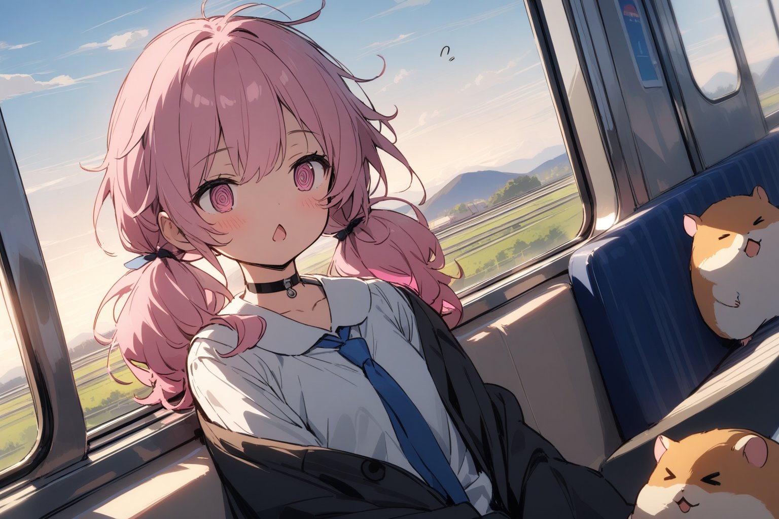 1 little girl, solo, upper body, diagonal angle,
pink hair, twintails, pink eyes, @_@, chestnut mouth, Sleepy eyes, eyes_half_closed, morning hair, messy hair,Half asleep,
sleeping, sitting on a train seat,
choker, black business suit, white shirt, blue tie, closed neck,
(hamsters:1.2), smile >_<,
Inside the Shinkansen, morning, Beautiful scenery can be seen from the train window,
masterpiece, best quality, very aestheric,