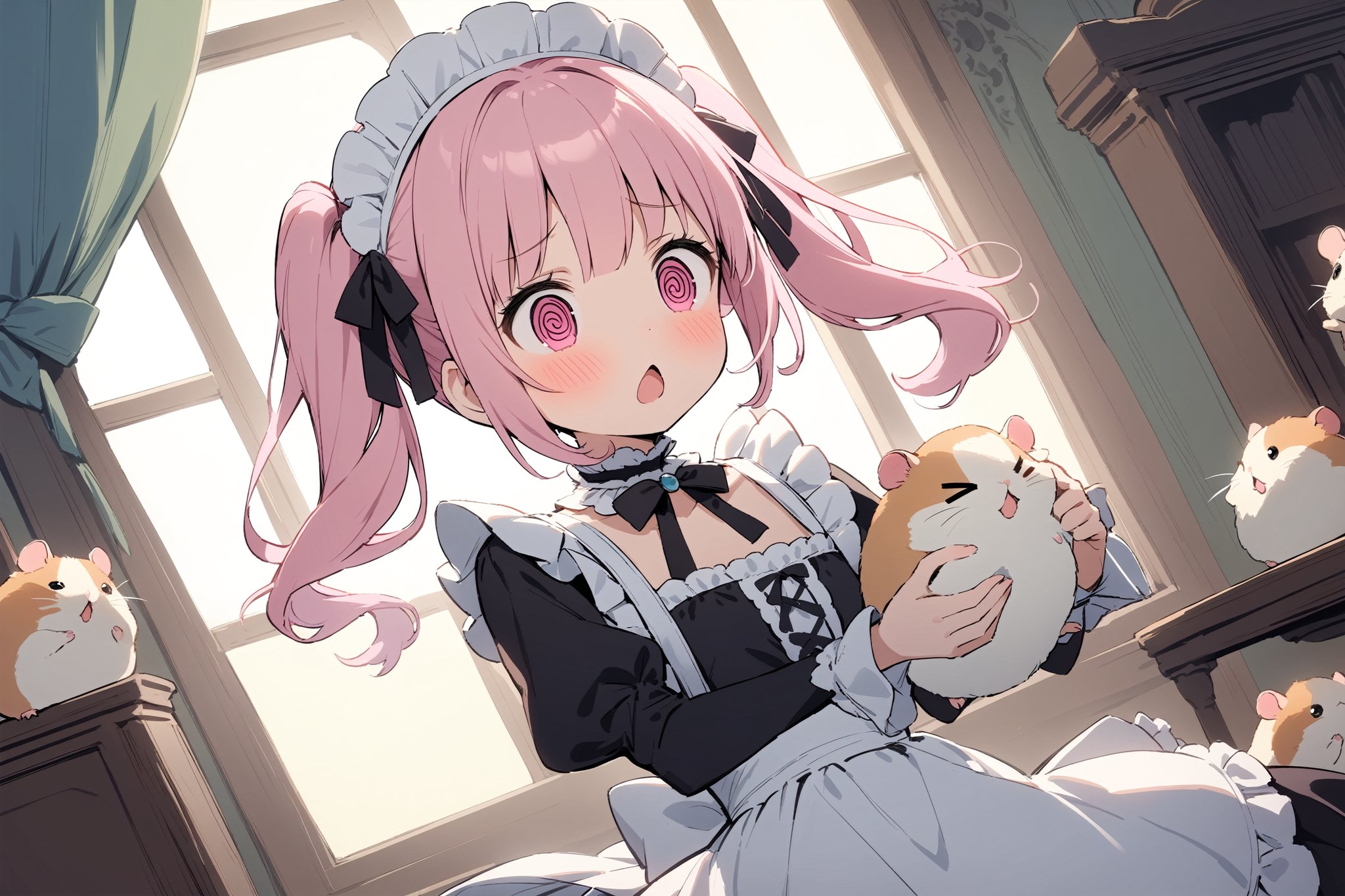 1 little girl, solo, diagonal angle,  
pink hair, twintails, pink eyes, @_@, chestnut mouth, confused, troubled,
choker, lolita maid outfit,
Lolita girl, maid outfit, many cute hamsters, hamsters on girl's headwear, >_<,
holding hamsters, kawaii, detailed dress, lace, frills, elegant, pastel colors, indoors, Victorian style room,
masterpiece, best quality, very aesthetic, 
