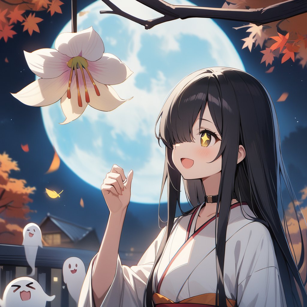 1 little girl, solo, upper body, diagonal angle,
black hair, long hair, (hair over one eye:1.2), +_+, open mouth, smile, cheerful,
choker, white kimono,
ghosts, >_<, 
Night-blooming Cereus, night, full moon, autumn,
masterpiece, best quality, very aestheric,