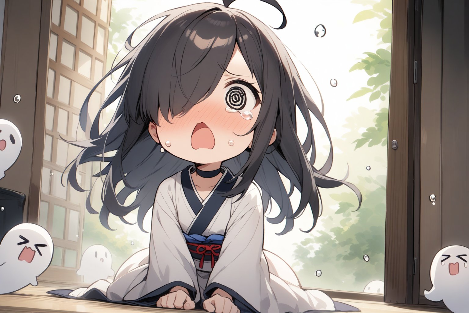 1 little girl, solo, upper body, diagonal angle,
black hair, long hair, ahoge, (hair over one eye:1.2), black eyes, @_@, chestnut mouth, hurry, confused,tears,
choker, white kimono,
ghosts, >_<,
wariza, 
in japanese room, It's raining outside the window,
masterpiece, best quality, very aestheric,