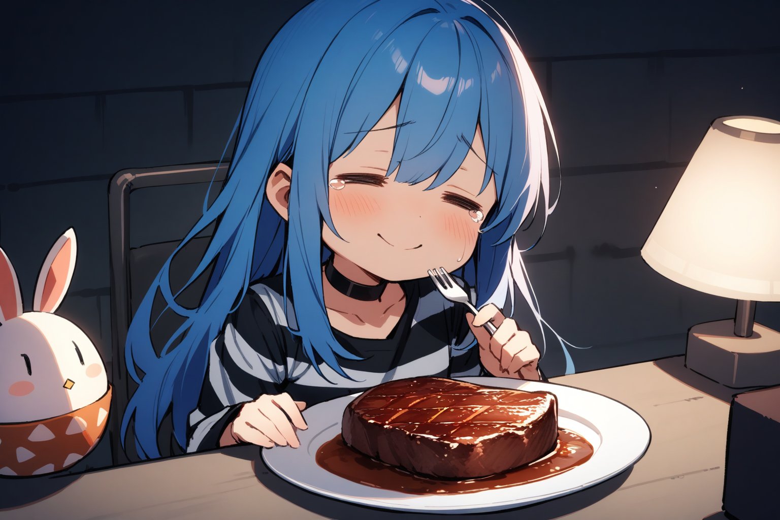 1 little girl, solo, upper body, diagonal angle,
blue hair, long hair, =_=, closed mouth, smile, cheerful, tears,
choker, Prison uniform, Prison clothes,
humpty dumpty,
steak, chewing, mouthful,
Holding fork,
sitting, in Detention centre, spot light,Table lamp, in A room surrounded by dark concrete walls, 
masterpiece, best quality, very aesthetic