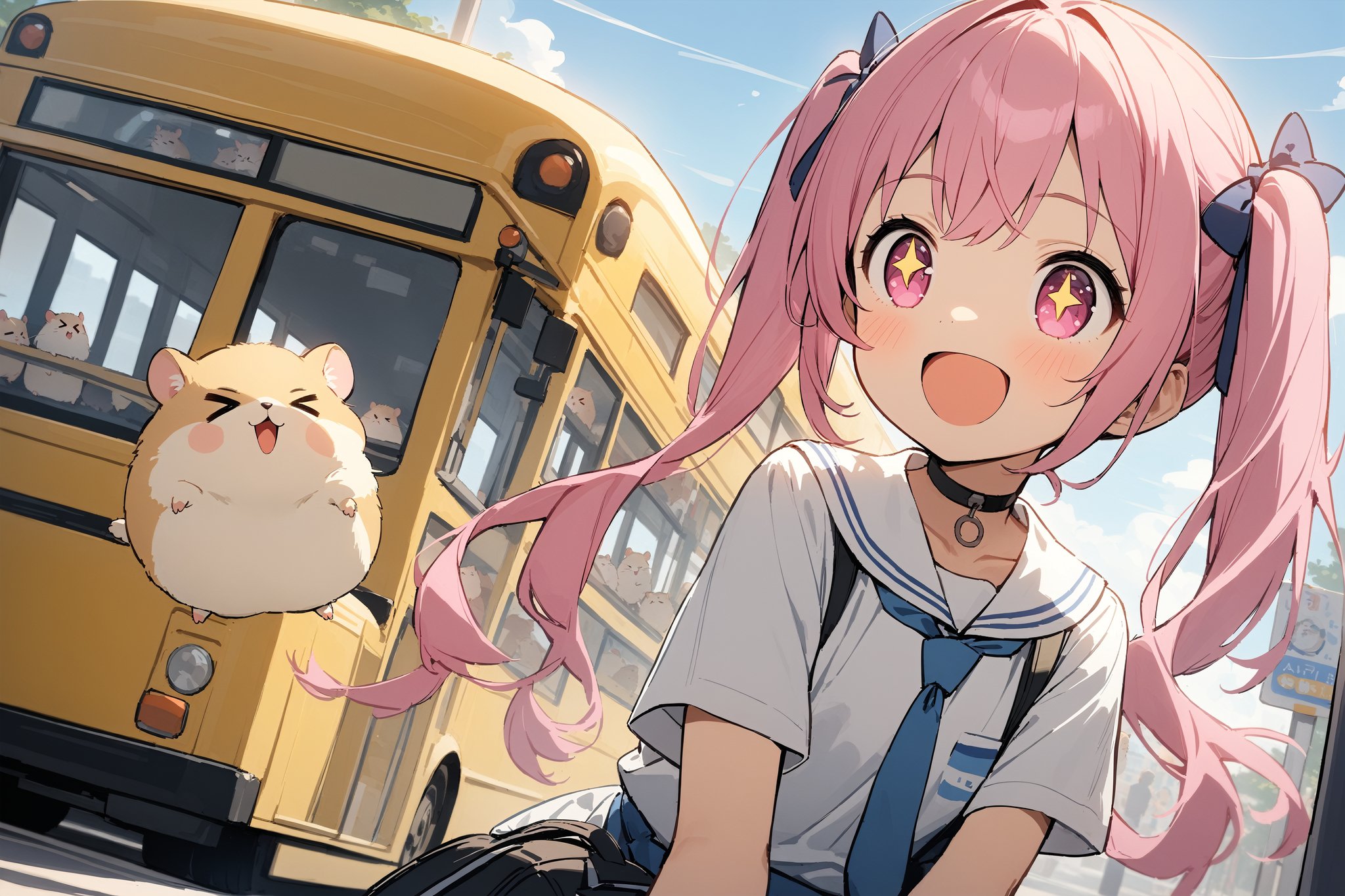 1 little girl, solo, upper body, diagonal angle,
pink hair, twintails, pink eyes, +_+, open mouth, smile, cheerful,
choker, white shirts, short sleeves, blue tie, 
hamsters, >_<,
Sitting at the bus stop, a big bus,
a rolling suitcase,
masterpiece, best quality, aestheric,