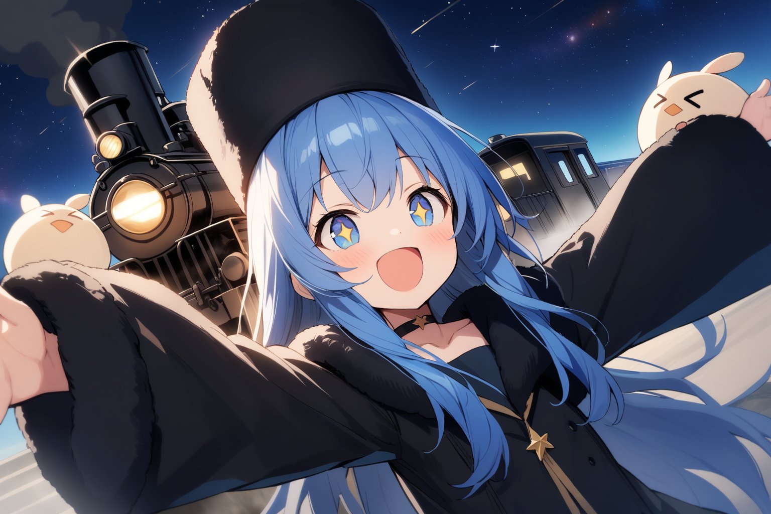 1 little girl, solo, upper body, diagonal angle,
blue hair, long hair, blue eyes, +_+, open mouth, smile, cheerful,
choker, black long fur coat, black russian fur hat, 
humpty dumpty, >_<, 
Steam locomotive, Galaxy Express, ,Starry sky,
masterpiece, best quality, very aesthetic,,