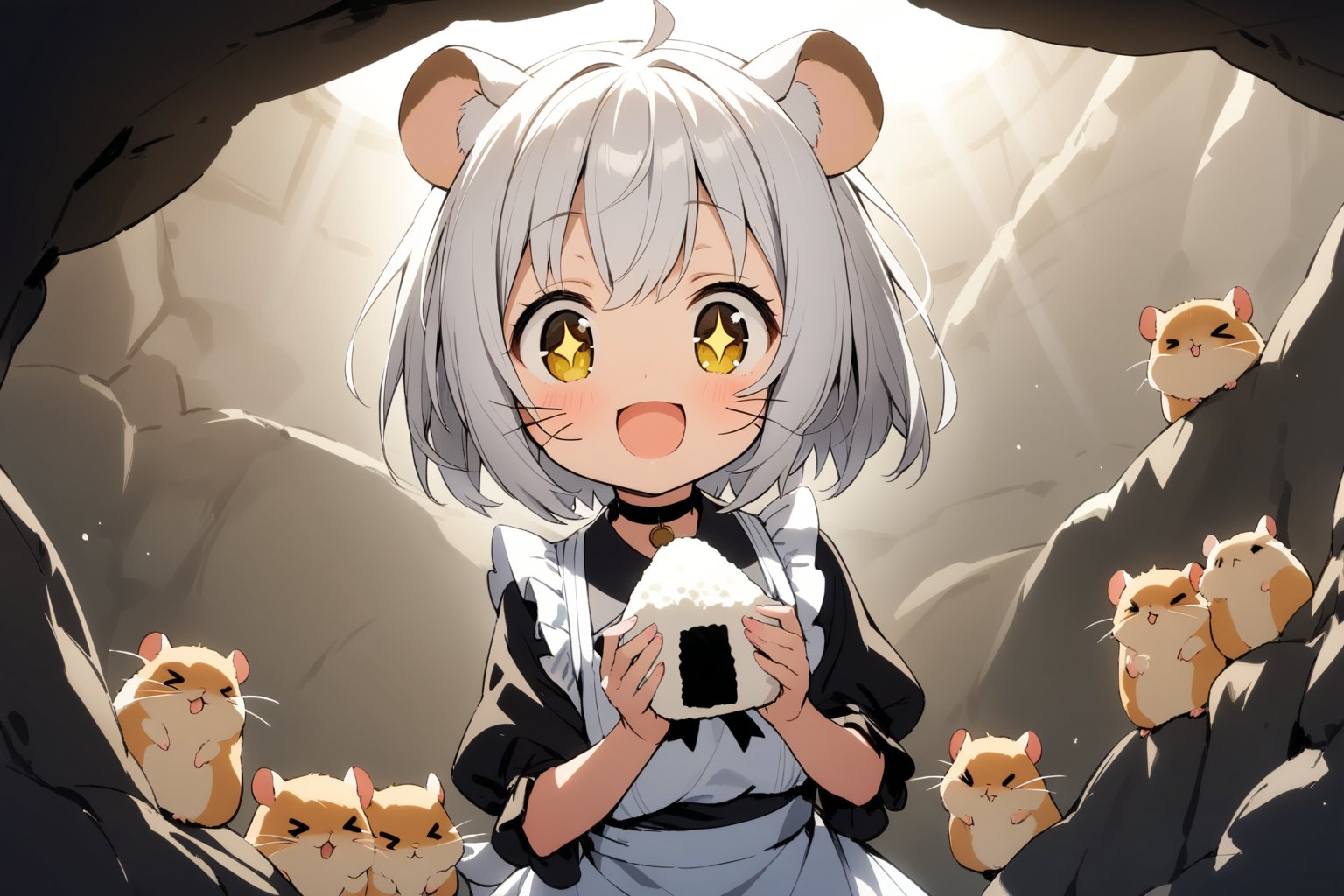 1 little girl, solo, upper body, diagonal angle,
white hair, short hair, yellow eyes, +_+, open mouth, smile, cheerful,
choker, maid outfit, hamster ears, hamster whiskers, 
hamsters, >_<,
holding a onigiri,
wariza, in cave, Sunlight through a hole in the ceiling, in underground, 
masterpiece, best quality, very aesthetic