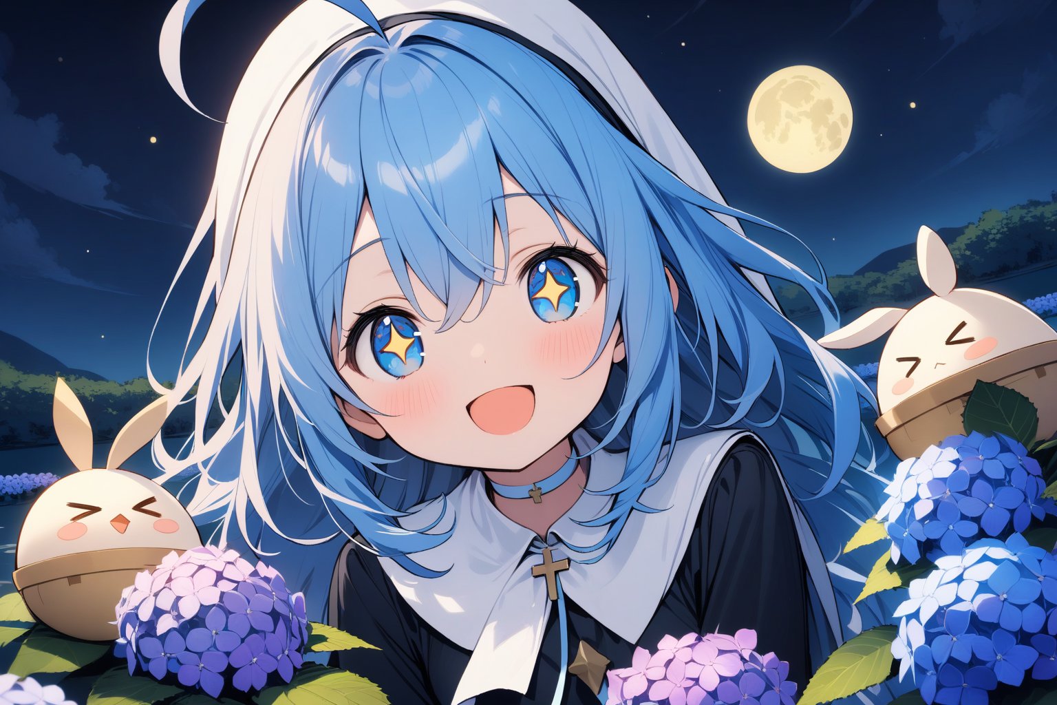 1 little girl, solo, upper body, diagonal angle,
blue hair, long hair, ahoge, blue eyes, +_+, open mouth, smile, cheerful, 
choker, nun outfit, 
hydrangea, Dam lake, 
humpty dumpty, >_<,
night, moon, light up,
masterpiece, best quality, 