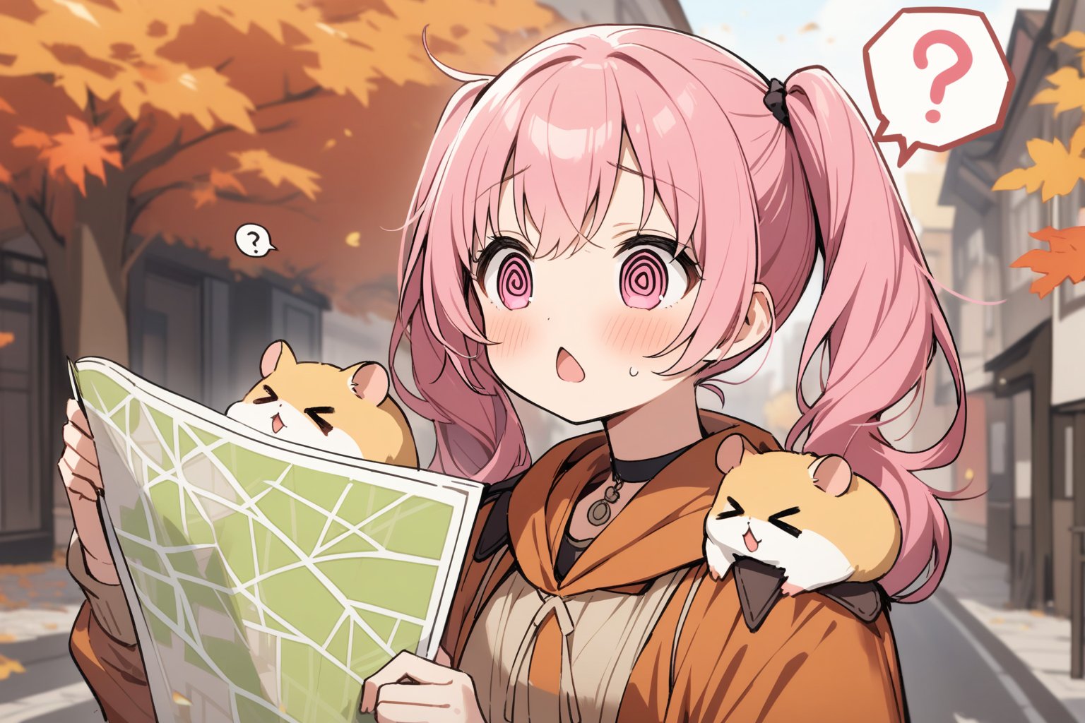 1 little girl, solo, upper body, diagonal angle,
pink hair, twintails, pink eyes, @_@, chestnut mouth, confused, troubled,
choker, Autumn outfit, 
(hamsters on her shoulders:1.2), >_<,
(spoken question mark:1.2),
holding a map, looking around restlessly, darting one's eyes around, in town, autumn,
masterpiece, best quality, very aestheric,