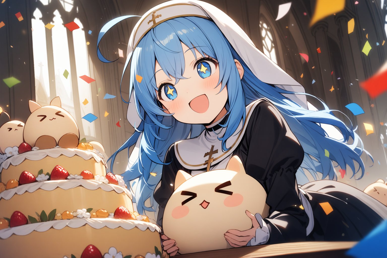 1 little girl, solo, upper body, diagonal angle,
blue hair, long hair, ahoge, blue eyes, +_+, open mouth, smile, cheerful, 
choker, nun outfit, 
hugging a humpty dumpty, >_<,
Confetti, church, a huge cake on table,
masterpiece, best quality, aestheric,