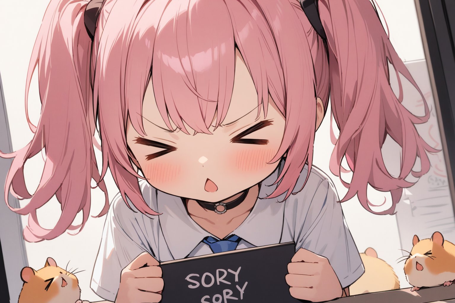 1 little girl, solo, upper body, diagonal angle, 
pink hair, twintails, closed eyes, small chestnut mouth, apologize,lower own head,
choker, white shirt, short sleeves, blue tie,
hamsters, >_<,
holding a message board printed "sorry!",
in office, 
masterpiece, best quality, very aestheric,