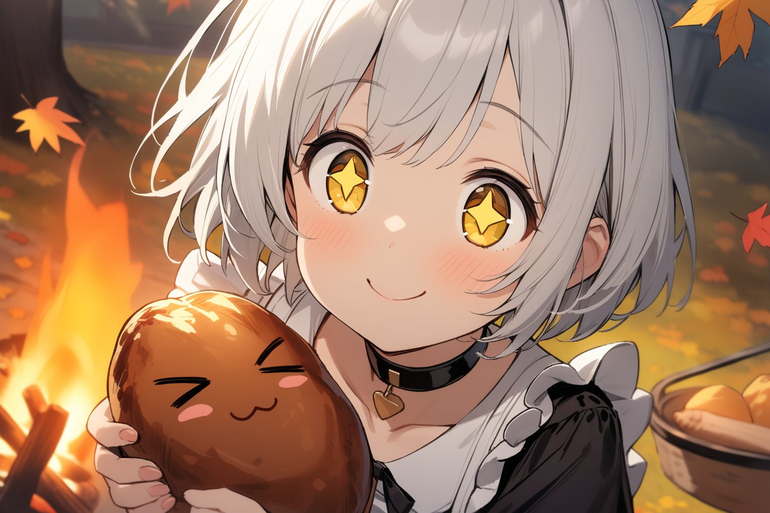 1 little girl, solo, upper body, diagonal angle,
white hair, short hair, yellow eyes, +_+, closed mouth, smile, cheerful, 
choker, maid outfit,
holding a Roasted sweet potato, chewing, mouthful,
slime, >_<,
autumn, bonfire,
masterpiece, best quality, very aesthetic