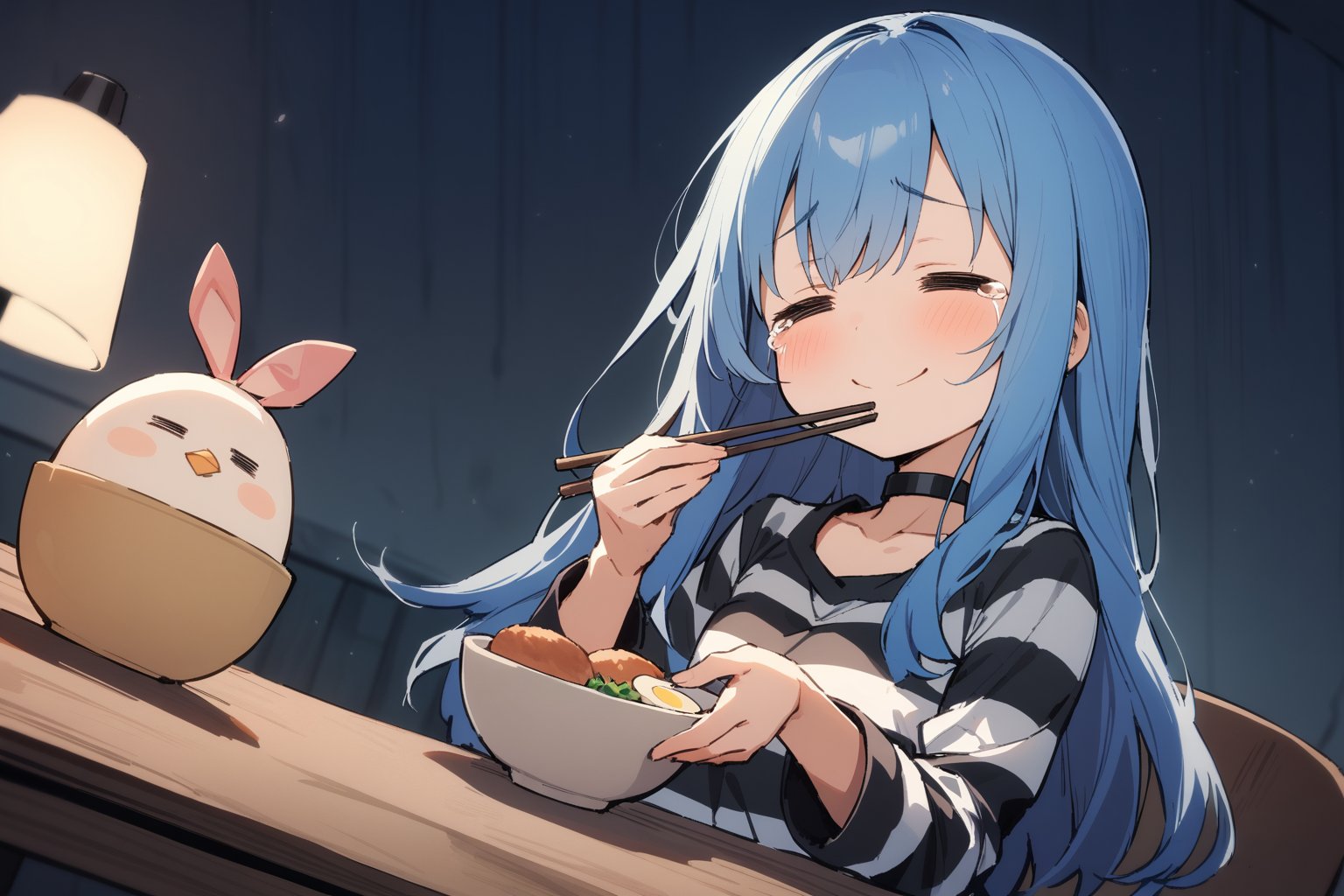 1 little girl, solo, upper body, diagonal angle,
blue hair, long hair, =_=, closed mouth, smile, cheerful, tears,
choker, Prison uniform, Prison clothes,
humpty dumpty,
a Pork cutlet bowl on table, chewing, mouthful,
Holding chopsticks,
sitting, in Detention centre, spot light,Table lamp, in A room surrounded by dark concrete walls, 
masterpiece, best quality, very aesthetic