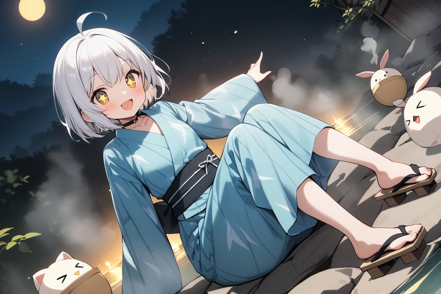 1 little girl, solo, diagonal angle, looking at viewer,
white hair, short hair, yellow eyes, +_+, open mouth, smile, cheerful, straight ahoge,
choker, long yukata, long_sleeves, long pants, closed neck, geta,
humpty dumpty, >_<,
Steam, onsen, light up, sitting on the rock,
Sitting with legs stretched out and highlighting the geta,
masterpiece, best quality, very aestheric,