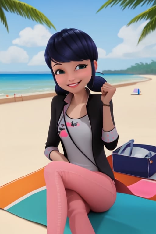 Marinette,sitting,beach. Smile,open legs