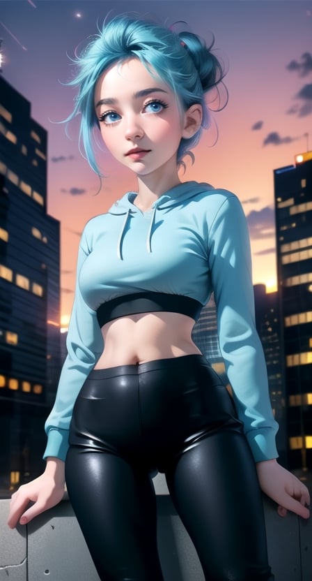 (centered, masterpiece, face portrait, (looking at viewer:1.2), | 1girl, solo, aqua hair color, medium hair, girly messy bun hairstyle, light blue eyes, cute, happy, | dark cropped hoodie, black leggings, midriff peak, navel, | city lights, sunset, buildings, urban scenery, | bokeh, depth of field).,High detailed ,Color magic,Saturated colors