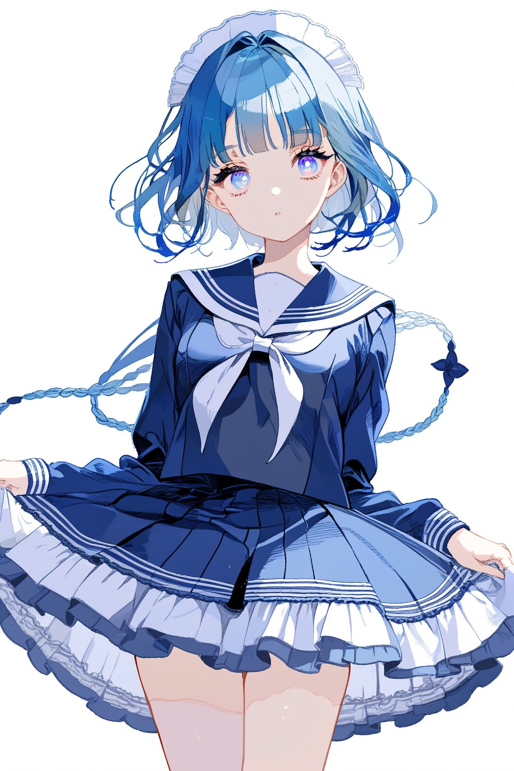 blue hair,short hair,medium breasts,long hair,blue pupils,sailor suit,Lolita