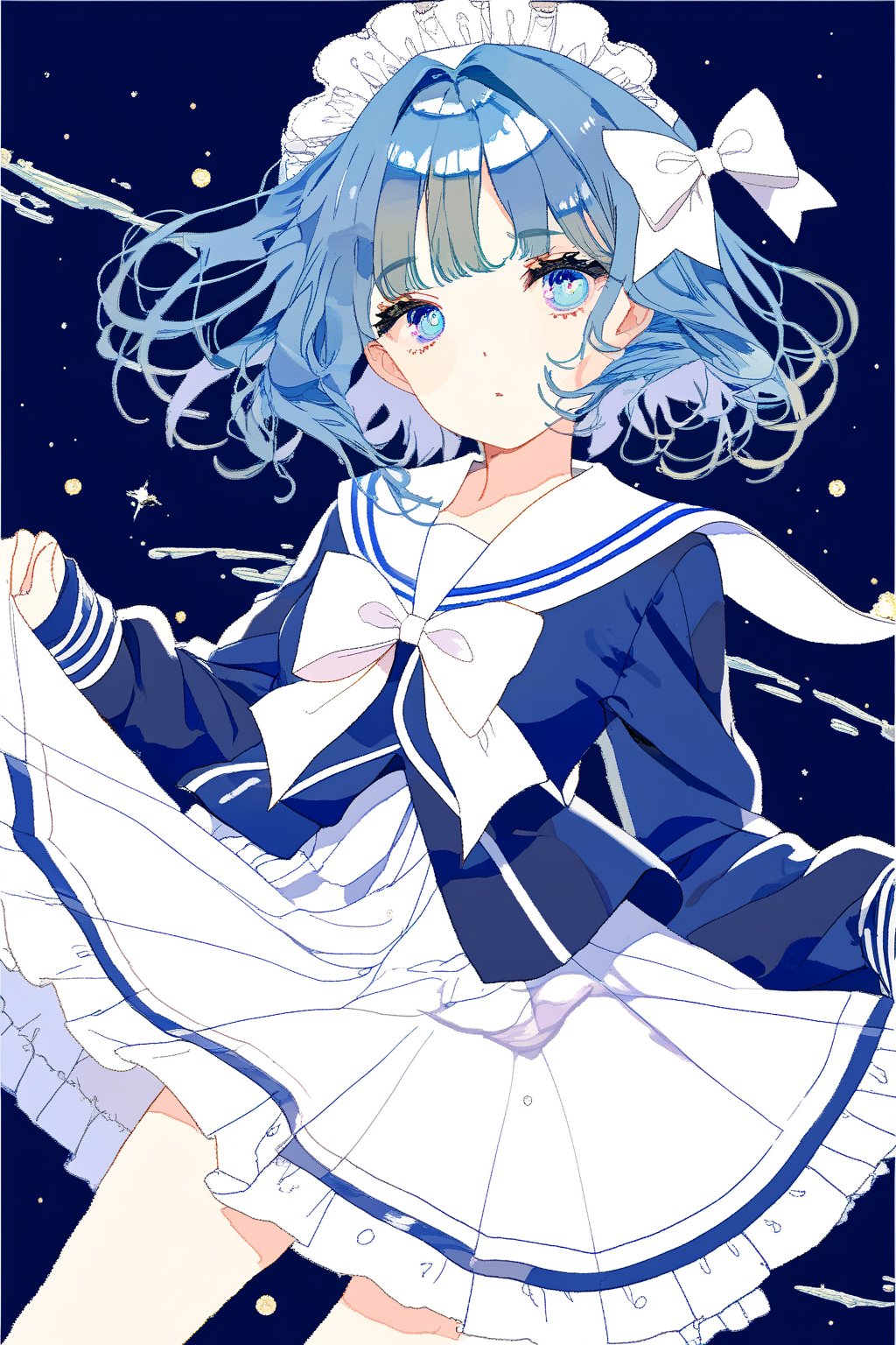 blue hair,short hair,medium breasts,long hair,blue pupils,sailor suit,Lolita,There is a small white bow on the left side of the hair.