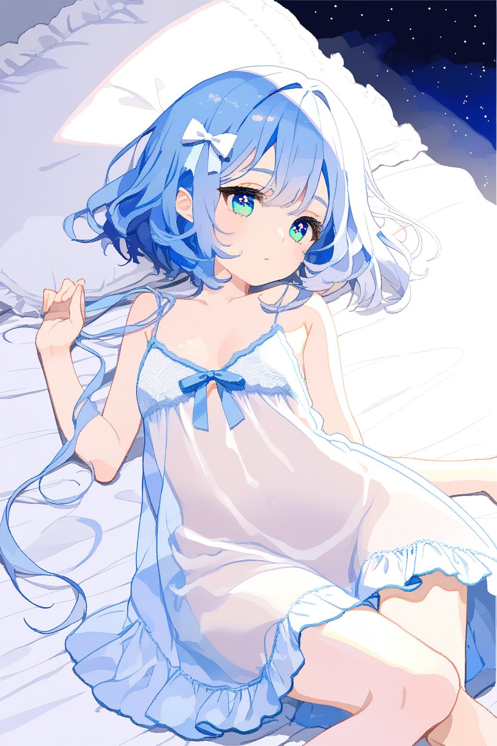 ,blue hair,short hair,medium breasts,long hair,blue pupils,nightgown,There is a small white bow on the left side of the hair.