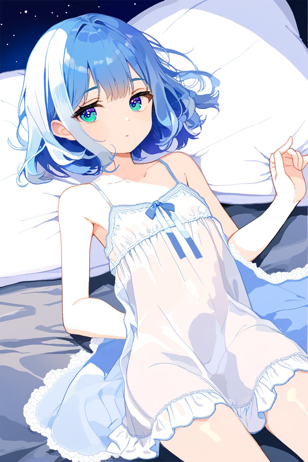 ,blue hair,short hair,medium breasts,long hair,blue pupils,Nightdress,There is a small white bow on the left side of the hair.