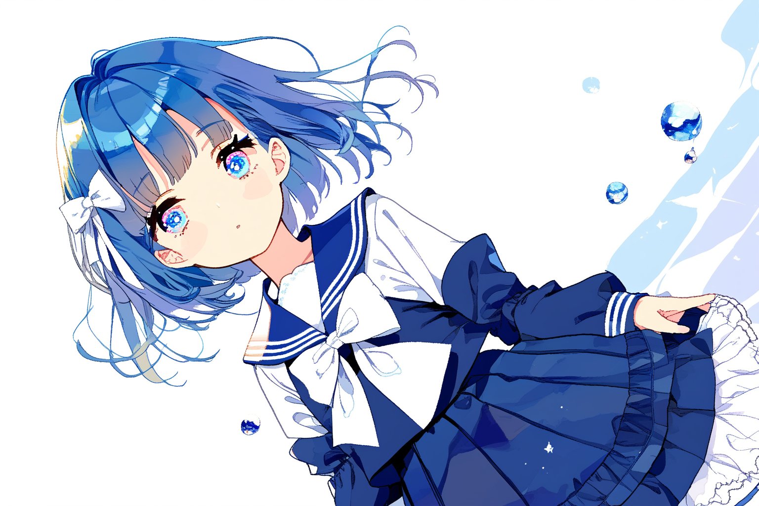 blue hair,short hair,medium breasts,long hair,blue pupils,sailor suit,Lolita,There is a small white bow on the left side of the hair.