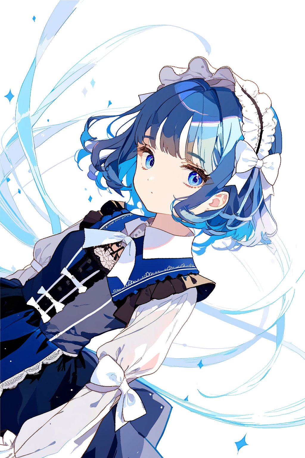 blue hair,short hair,medium breasts,long hair,blue pupils,collared shirt,Lolita,There is a small white bow on the left side of the hair.